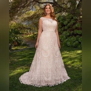 NWT Sz 16 Beloved by Casablanca BL303 Ivory Ember Lace Sequin Boho Wedding Gown